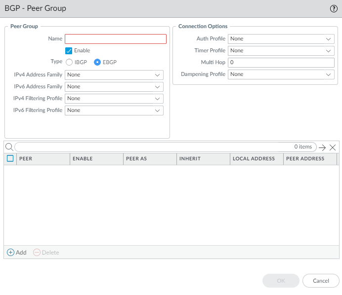 BGP Peer Group configuration window - General tab.